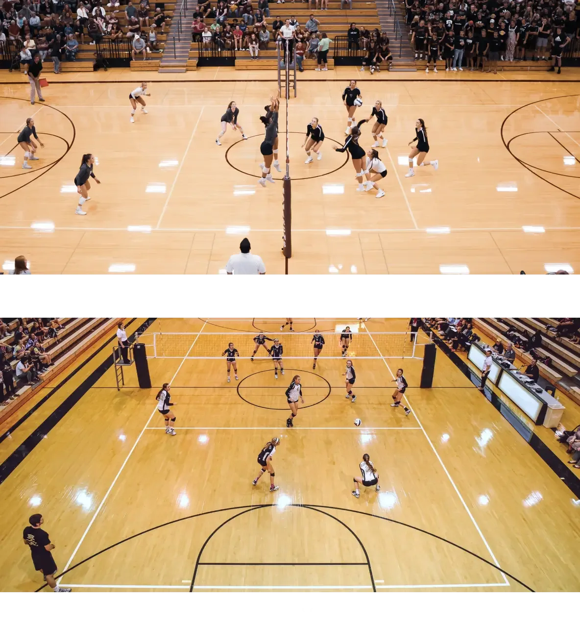 A vertical split-screen showing two different angles of a high school volleyball match in a gymnasium with players in black and white uniforms.