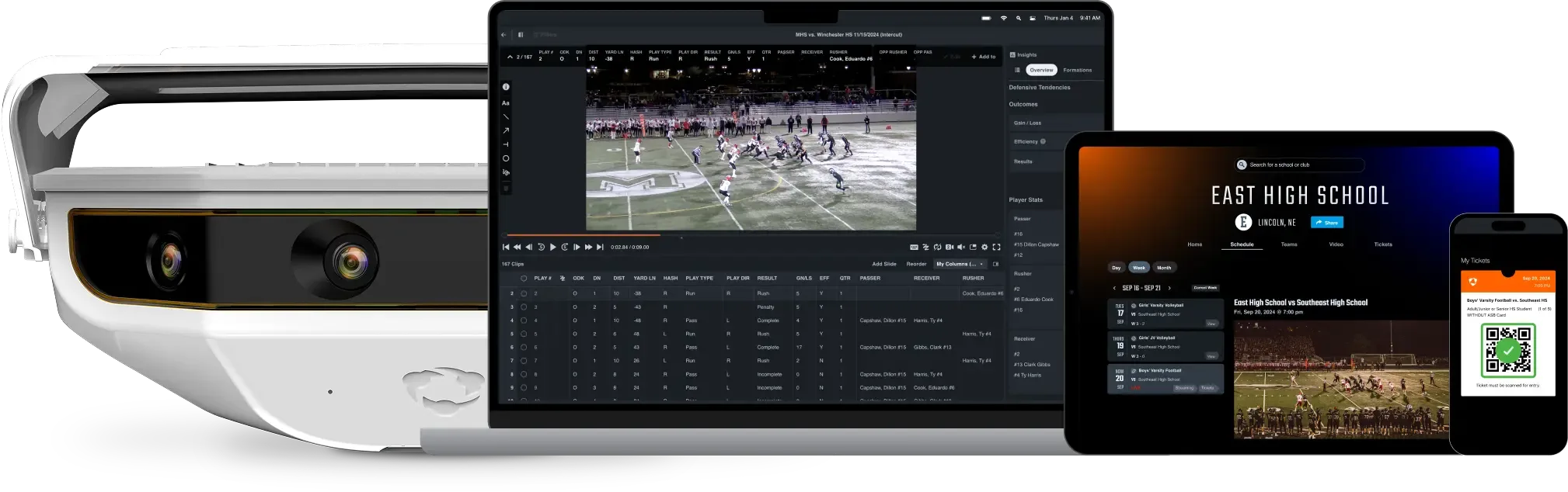 A white Hudl Focus camera is shown with a laptop displaying Hudl football analysis software showing a game, a tablet with an East High School team profile, and a smartphone with a digital ticket.