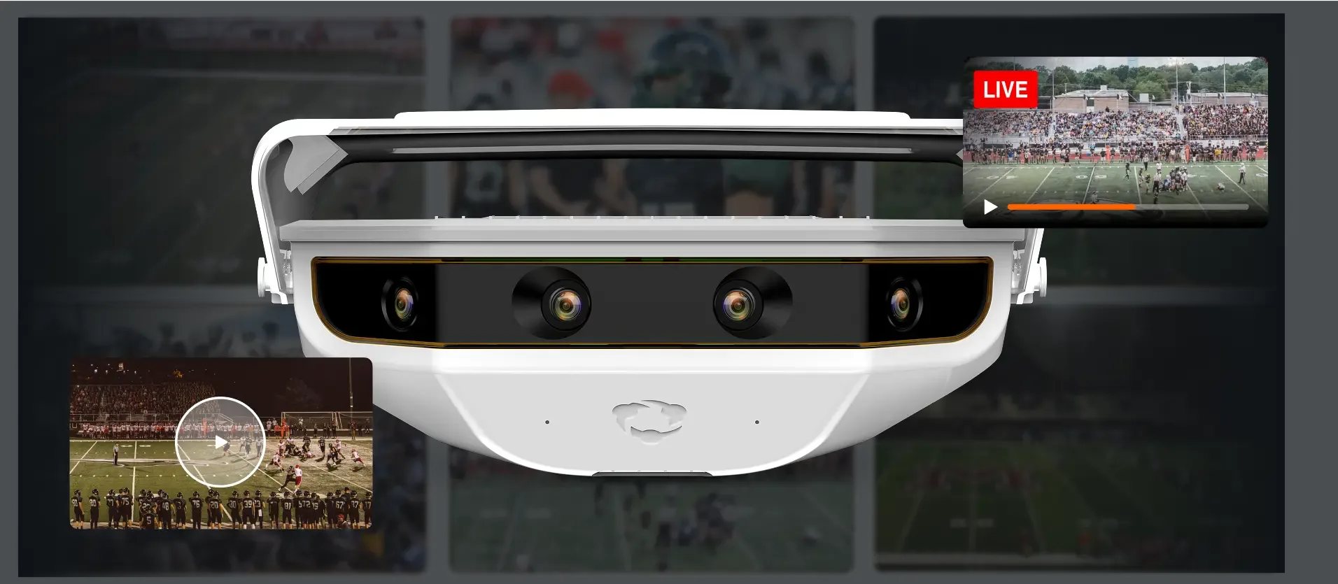 A white Hudl Focus camera positioned in the foreground, with a live football game stream on the right and a recorded game video playback on the left.