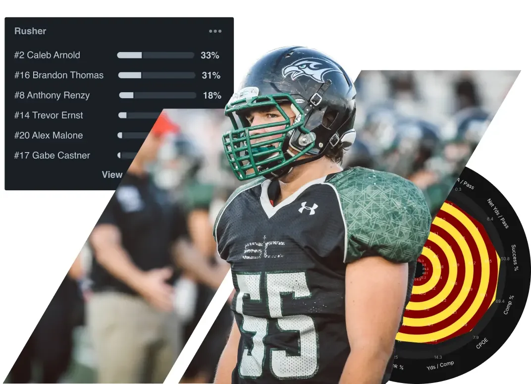 A football player looks forward, with overlays showing Hudl game breakdown data including rusher statistics and a target-shaped graph for player development.