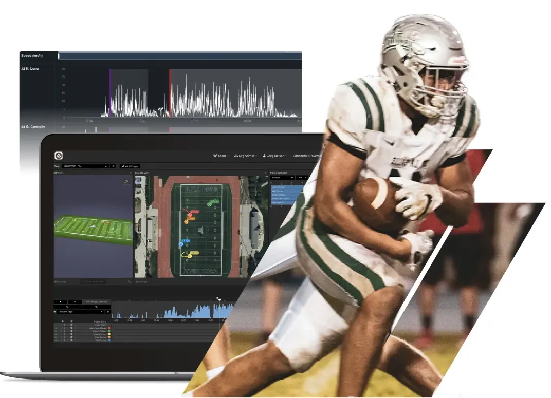 A football player runs with the ball, with a laptop displaying Hudl athlete monitoring data including speed charts and a 3D field view with player tracking.