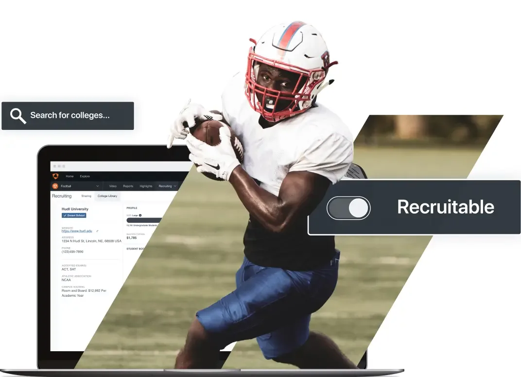 A football player runs with a football, with a laptop displaying Hudl recruiting tools for colleges and a "Recruitable" toggle button.