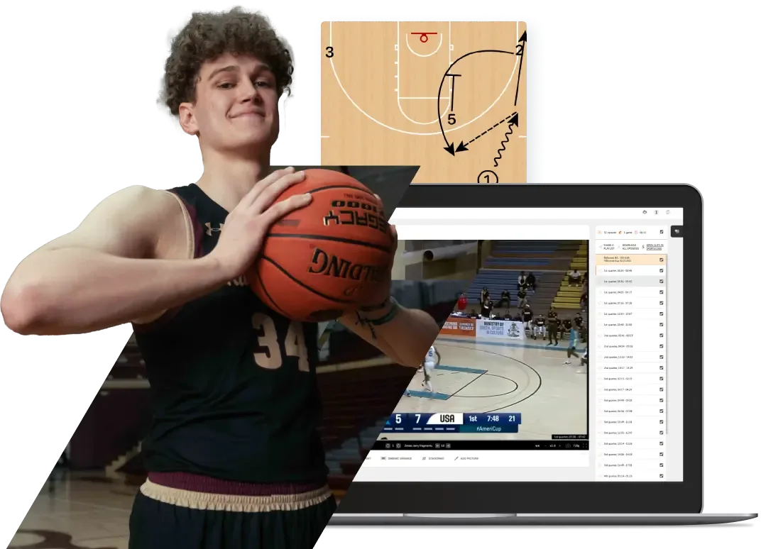 A male basketball player holding a ball, with a laptop displaying a professional basketball game and a diagram of a basketball play with player movements.