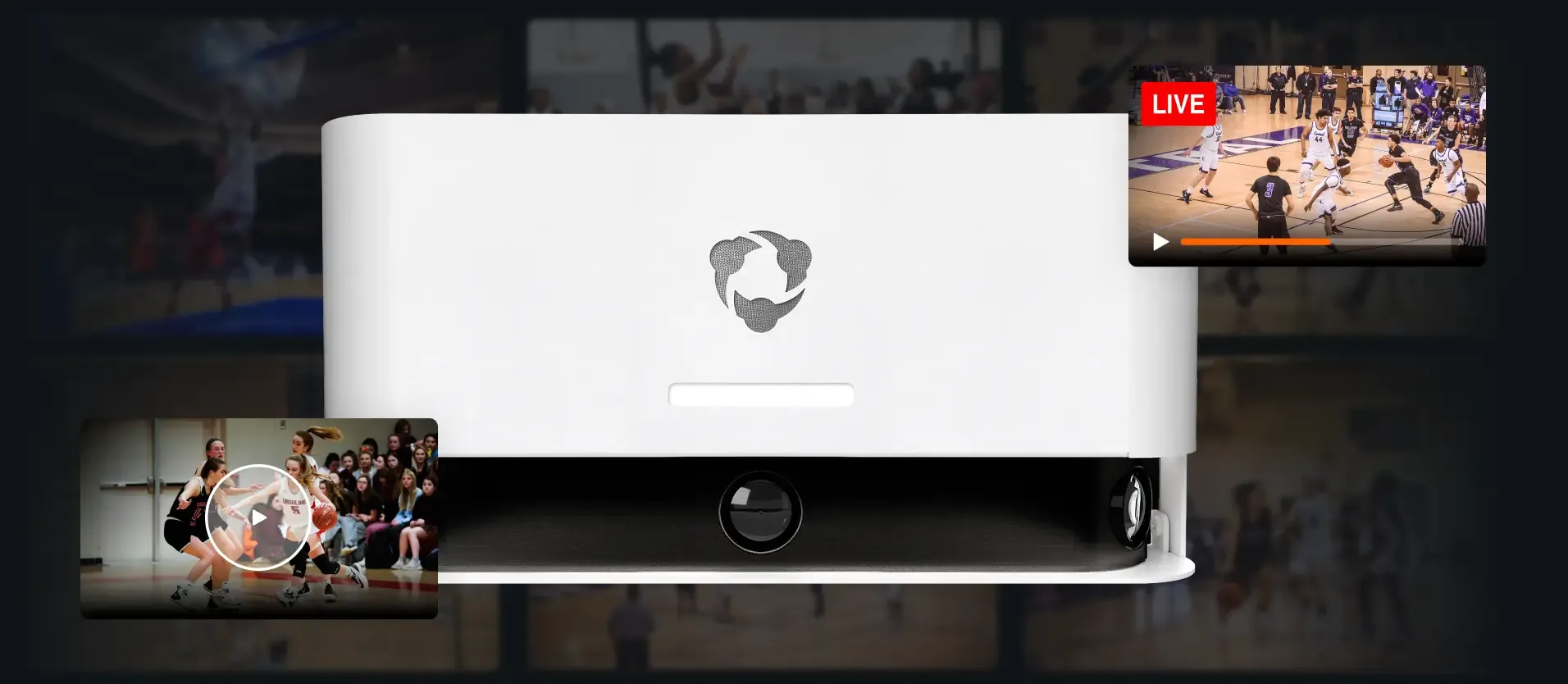 A Hudl Indoor Focus sports camera device is centered against a blurred background of various basketball scenes. Two inset video thumbnails are overlaid: one in the top-right corner showing a live broadcast of a boys' basketball game, and one in the bottom-left corner showing a girls' basketball game with a play button overlay.