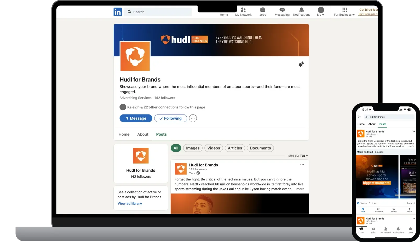 A laptop and phone displaying the Hudl for Brands LinkedIn profile.