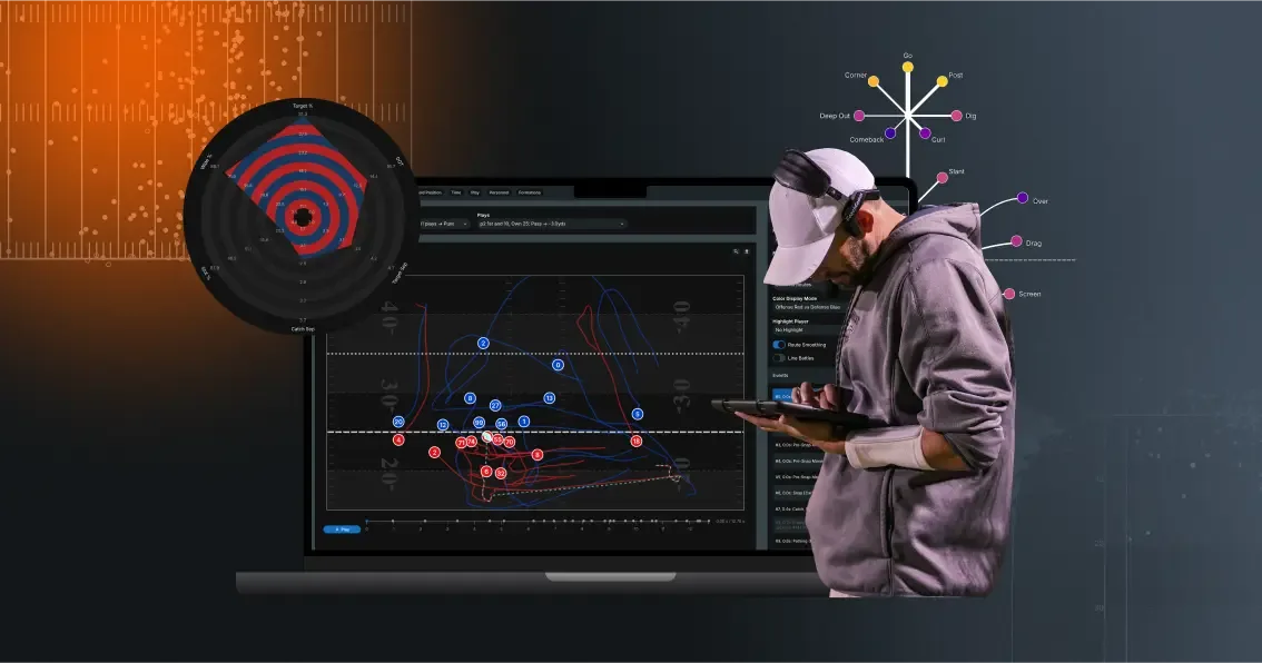 A football coach wearing headphones and a cap uses a tablet in front of a laptop displaying Hudl IQ software with play diagrams, player tracking, and data visualizations for analysis.