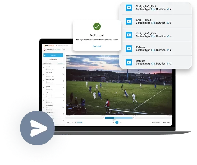 UI of Hudl Wyscout sending playlists to Hudl