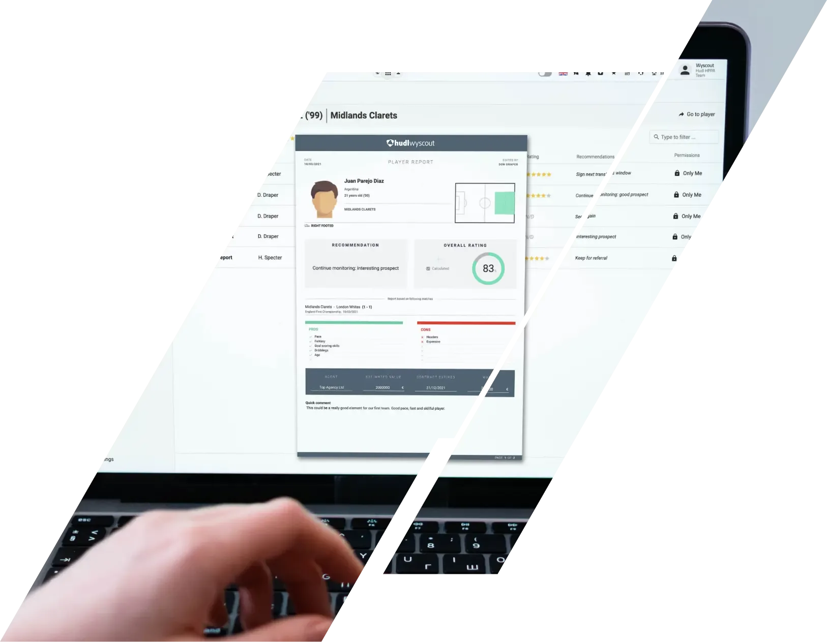 Hudl Wyscout Scouting Area image of a player report on a laptop