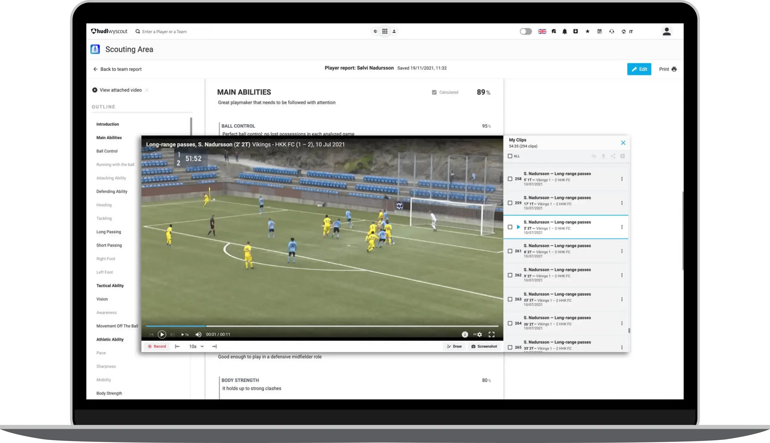 Wyscout Scouting Area video playback in a laptop