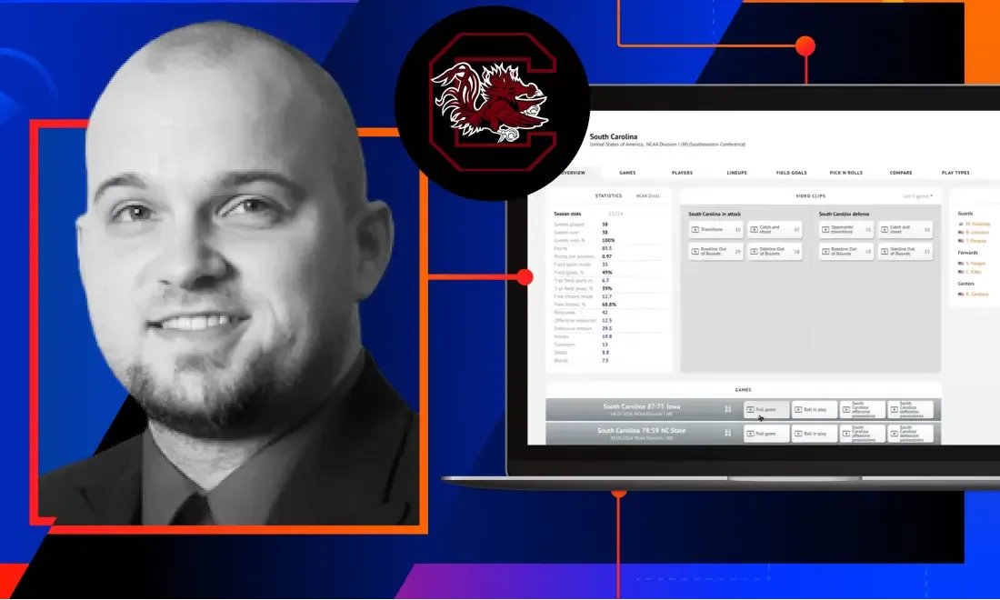 A graphic featuring a black-and-white portrait of a man on the left and a laptop on the right displaying a South Carolina basketball analytics dashboard. A circular University of South Carolina Gamecocks logo is positioned between them, connected by red stylized lines against a blue geometric background.