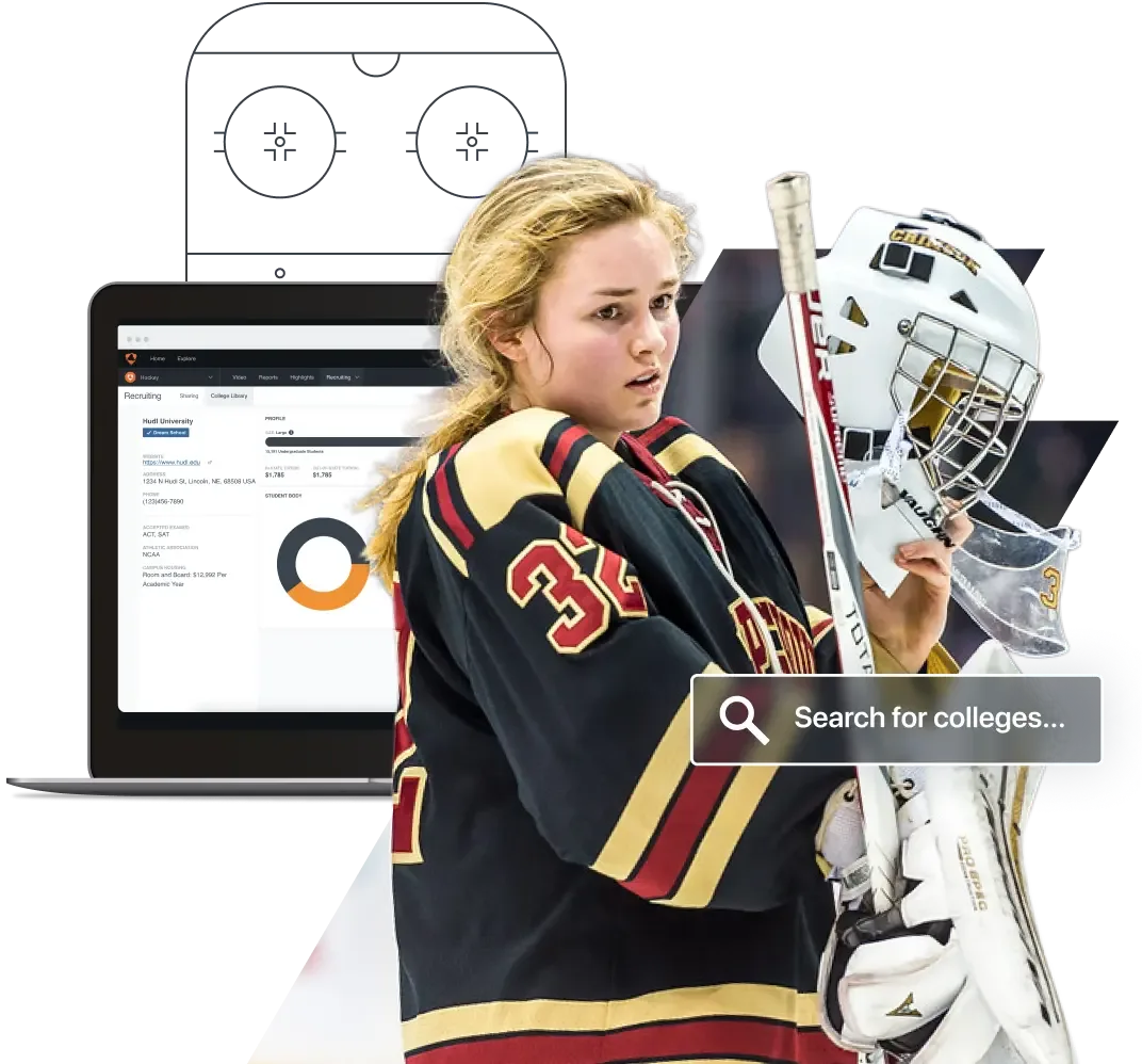 A female ice hockey goalie holding her helmet and stick, with a laptop showing the Hudl recruiting platform for college scouting, including a "Search for colleges" bar.