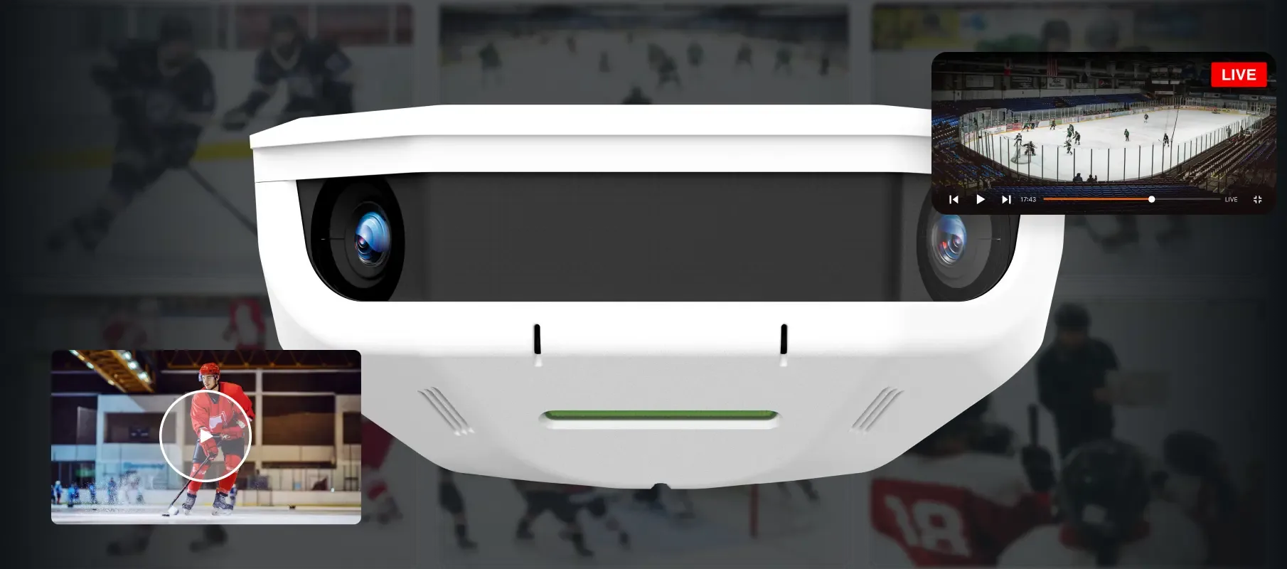 A white Hudl Focus camera system, displaying a live ice hockey game stream on the right and a recorded game video on the left with a player highlighted.