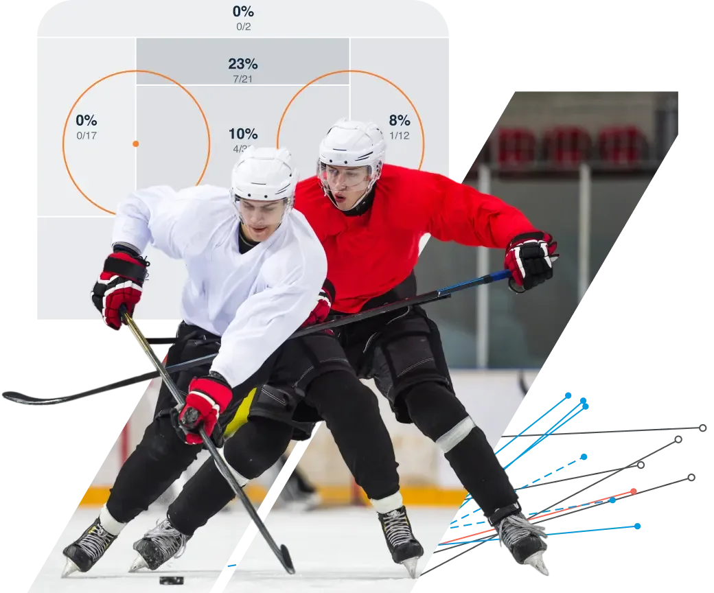 Two ice hockey players in action on the ice, overlaid with Hudl breakdown data showing percentages and statistics in circular graphs.
