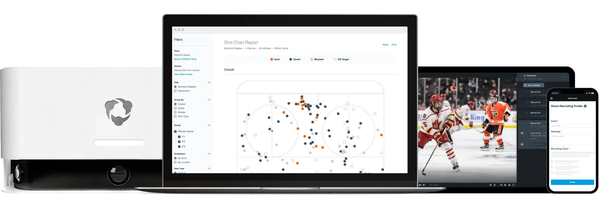A white Hudl Focus camera, a laptop displaying a Hudl shot chart report for an ice hockey game, a tablet showing game footage, and a smartphone with a recruiting profile form.