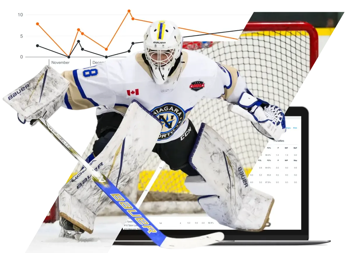 An ice hockey goalie in position, with an overlaid line graph showing performance trends over months and statistical data on a laptop.