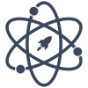 An icon of an atom with a rocket inside the center