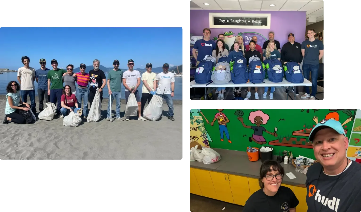 A collage of images showing Hudl employees participating in a beach cleanup and building backpacks for a charity event.