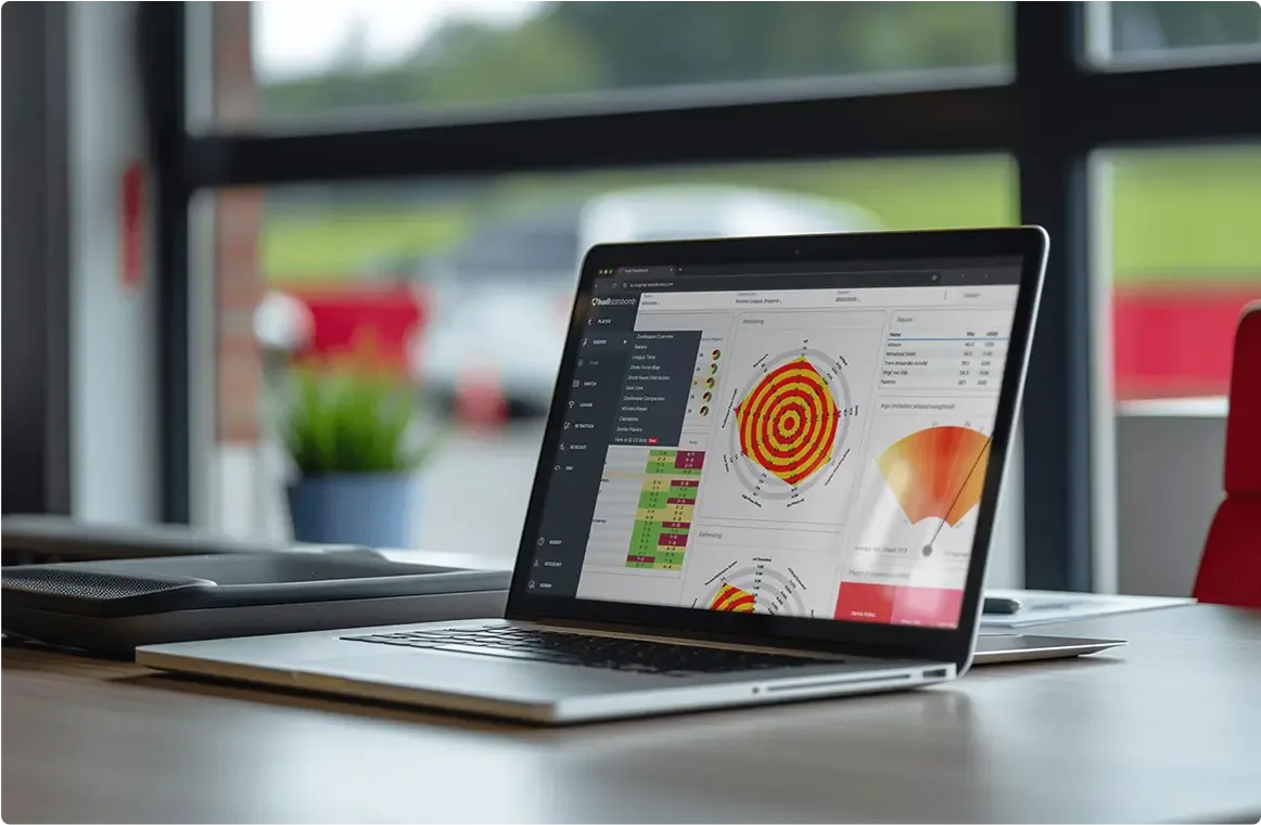 A silver laptop is open on a light-colored desk, displaying a detailed analytics dashboard on its screen. The dashboard features a prominent circular target-like graphic with concentric rings of red and orange, likely representing performance or risk levels. Various charts, graphs, and data lists are also visible on the screen, indicating a comprehensive data analysis tool. In the background, out of focus, a large window reveals a blurred outdoor scene with greenery and what appears to be part of a red track or seating. A small potted plant and a dark object are also visible on the desk.