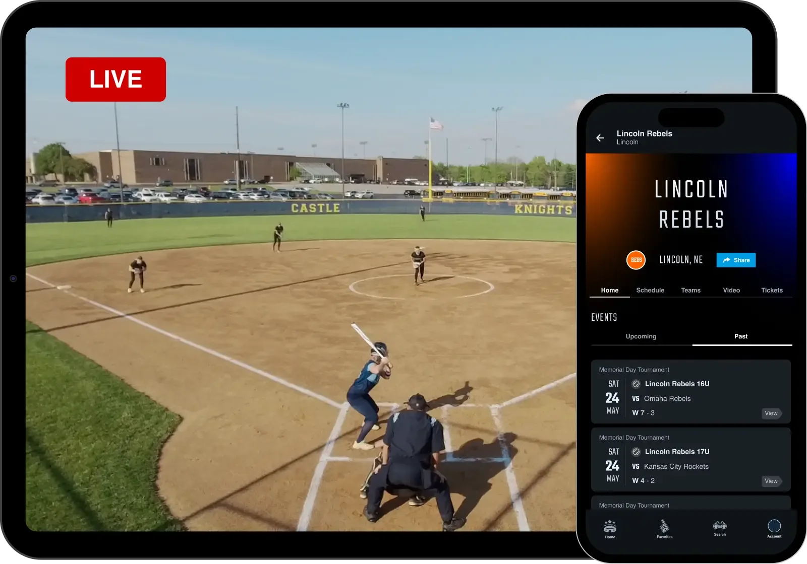 an iPad livestreaming a softball game and an iPhone with the Hudl fan team page