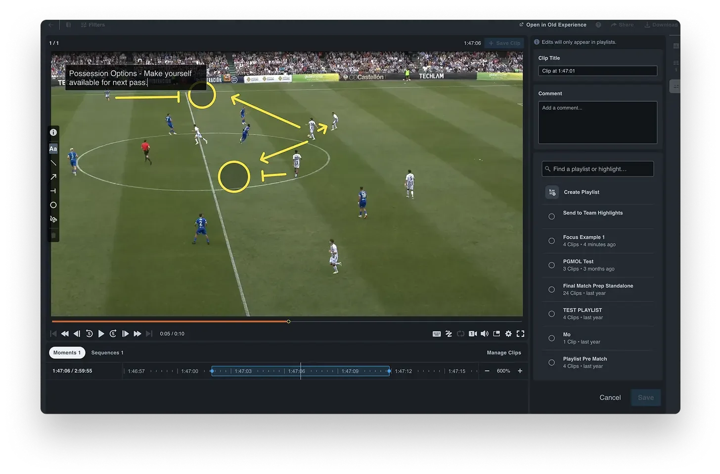 Screenshot of soccer analysis software: A match video with highlighted player movements and passing options, alongside features for comments and creating playlists.
