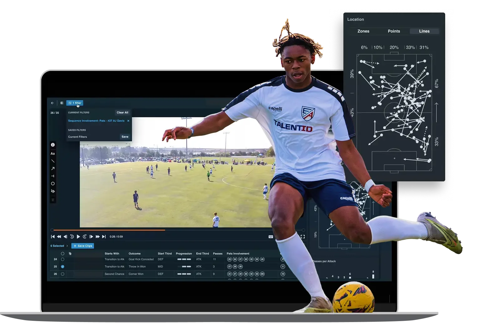 A soccer player in action with a laptop displaying a game video and a data visualization of player movement on the field.