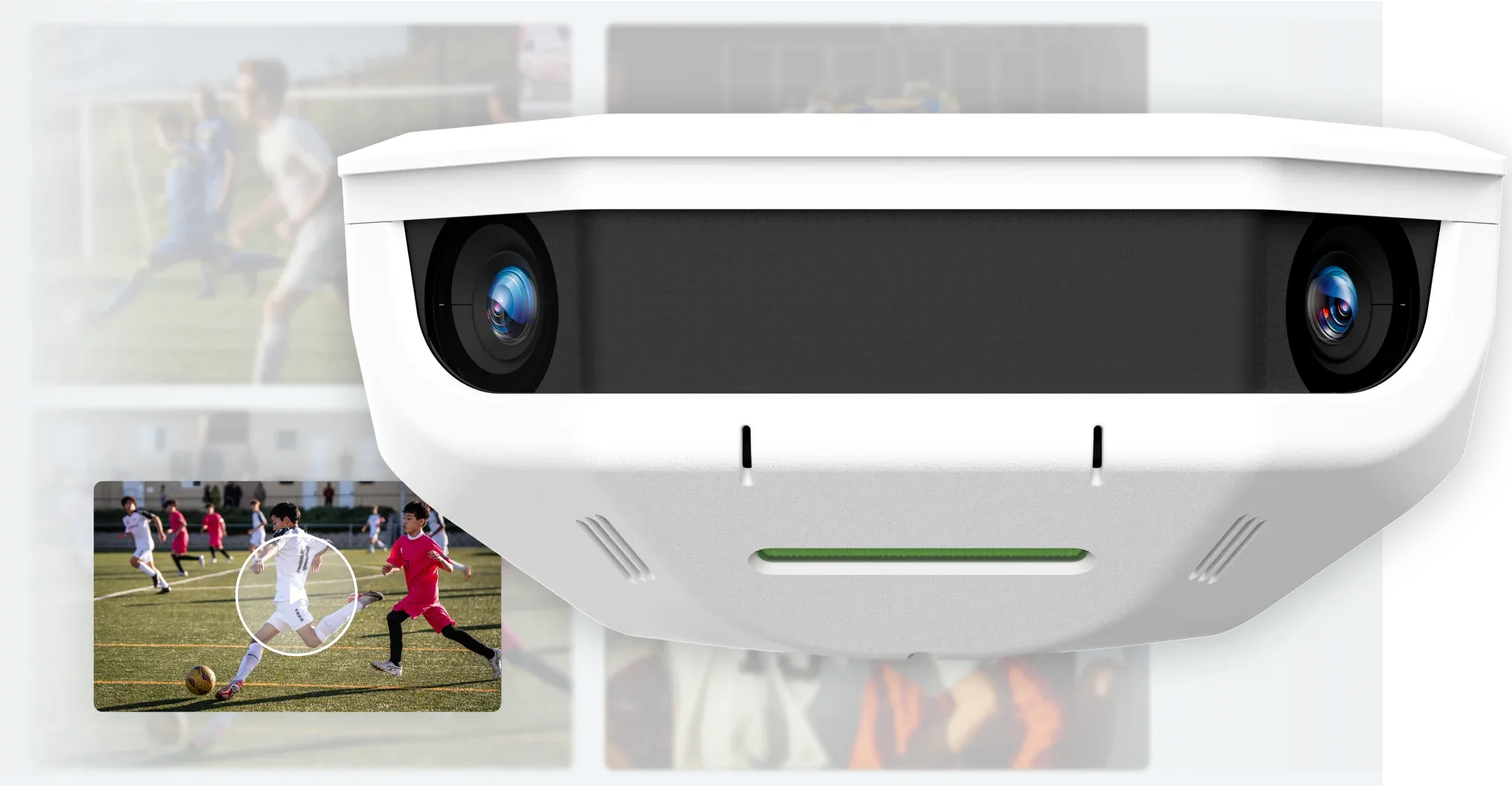 A Hudl Focus Flex camera with blurred images of soccer games visible in the background.