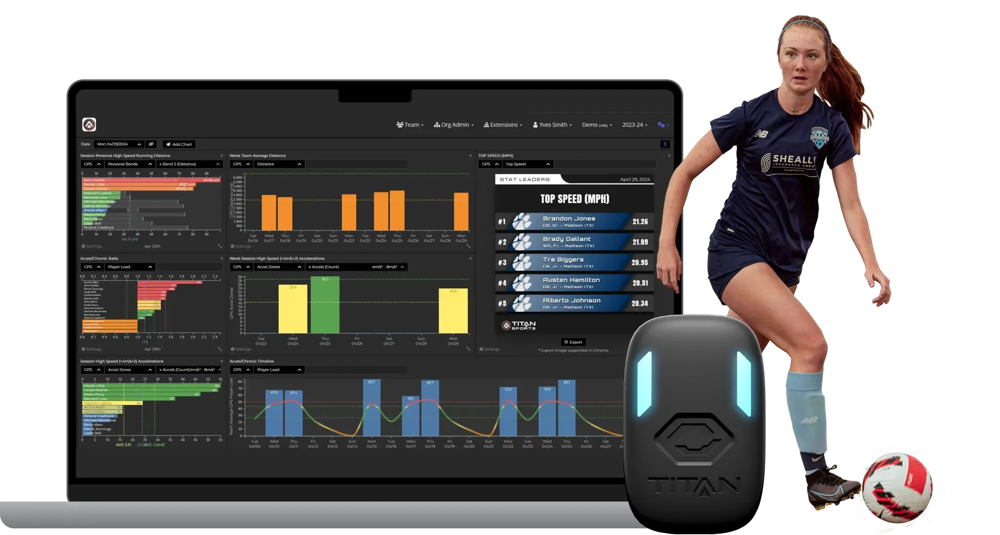 A female soccer player stands near a soccer ball and a black Titan tracking device, while a laptop displays performance data charts.