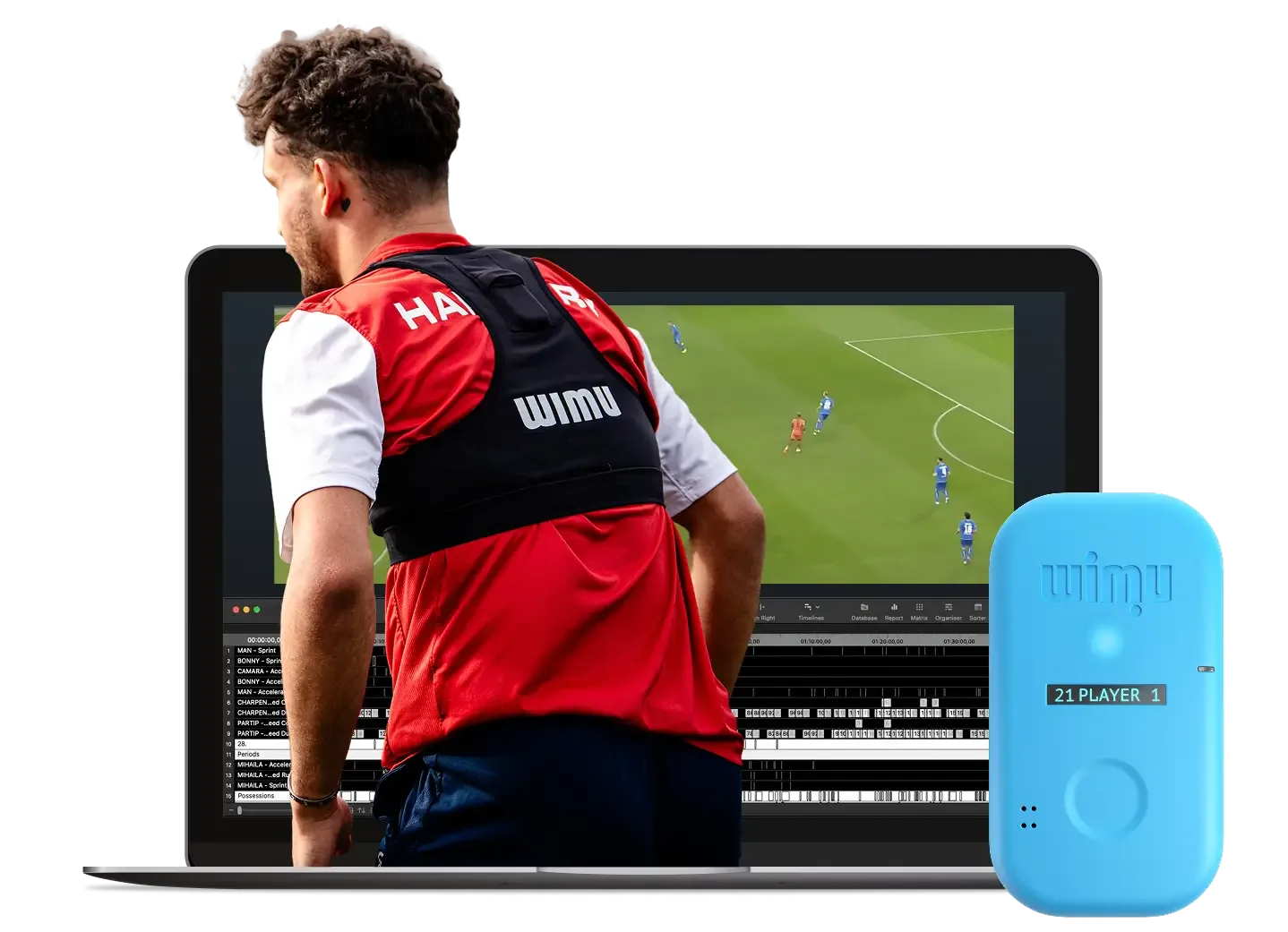 A global football player, viewed from the back, wearing a red jersey, white shirt, and a black GPS tracking vest with the logo "WIMU" on it. This player is superimposed over a laptop screen that is displaying a video editing or sports analytics timeline. The laptop screen shows a video of a soccer match in the background and a detailed black and white timeline editor below it, which appears to show event markers and data streams. To the right of the laptop, there is a distinct, light blue, handheld sports tracking device labeled "WIMU" with the text "21 PLAYER 1" on its display.