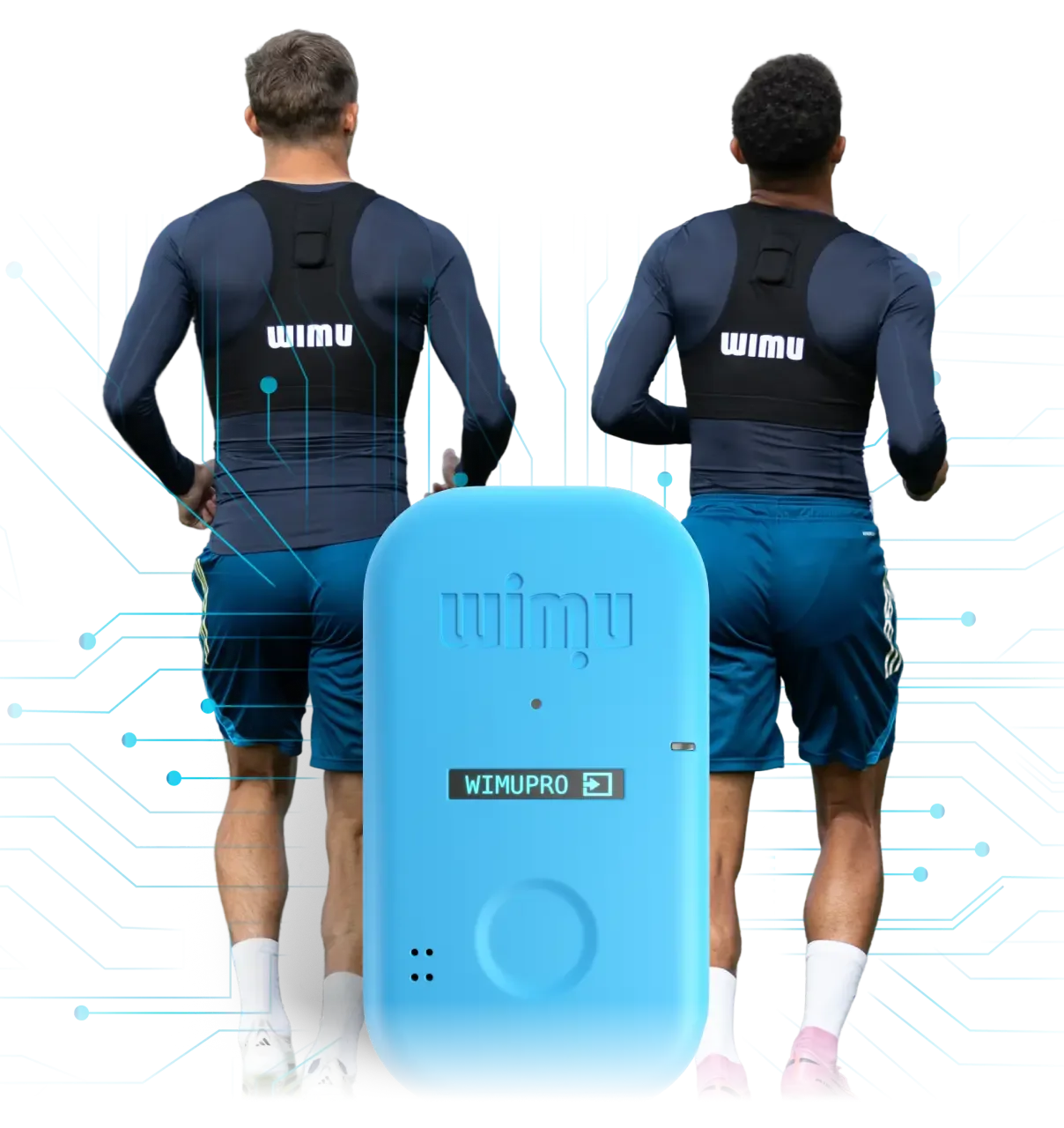 Two athletes running away from the camera wearing black WIMU GPS tracking vests, with a large blue WIMU PRO sensor device in the foreground and a digital circuit background.