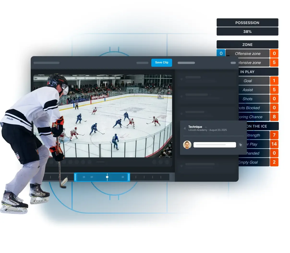 A digital video editing interface displaying an ice hockey game replay, with a "Save Clip" button at the top and a "Technique" comment box, set against a light blue diagram of a hockey rink and a box chart of game stats.