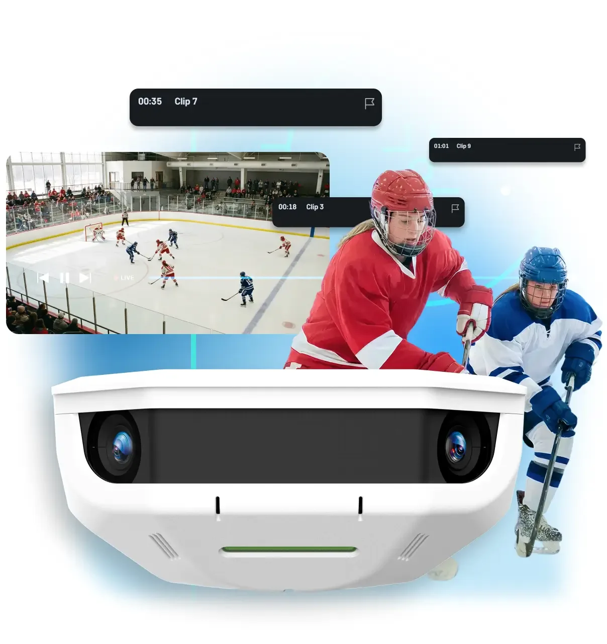 A white Hudl Focus smart camera is shown in the foreground, with two ice hockey players in red and blue jerseys in the background, next to a floating video replay of a game with tagged play clips labeled Clip 7, Clip 9, and Clip 3.