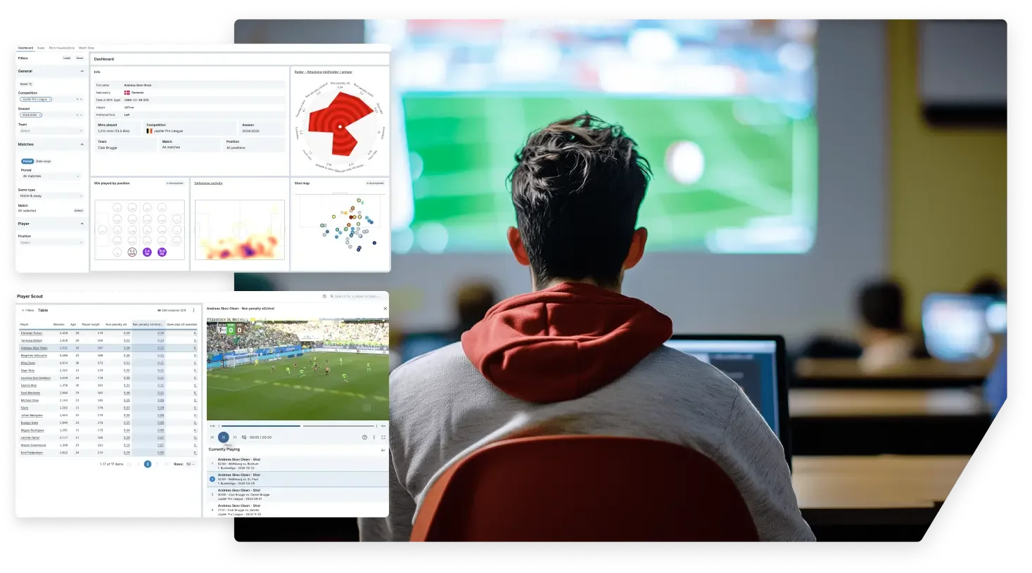 A man is seated facing away from the viewer, looking at a large screen displaying a sports match. He is wearing a grey top with a red hood. In the foreground and left, several digital interfaces are overlaid, suggesting a connection between the live action and data analysis. These interfaces show various sports analytics, including: a dashboard with charts, a radar graph, a heatmap, and a scatter plot of data points. Another interface displays a table of statistics alongside a video player showing a sports game with a timeline and event list below it.