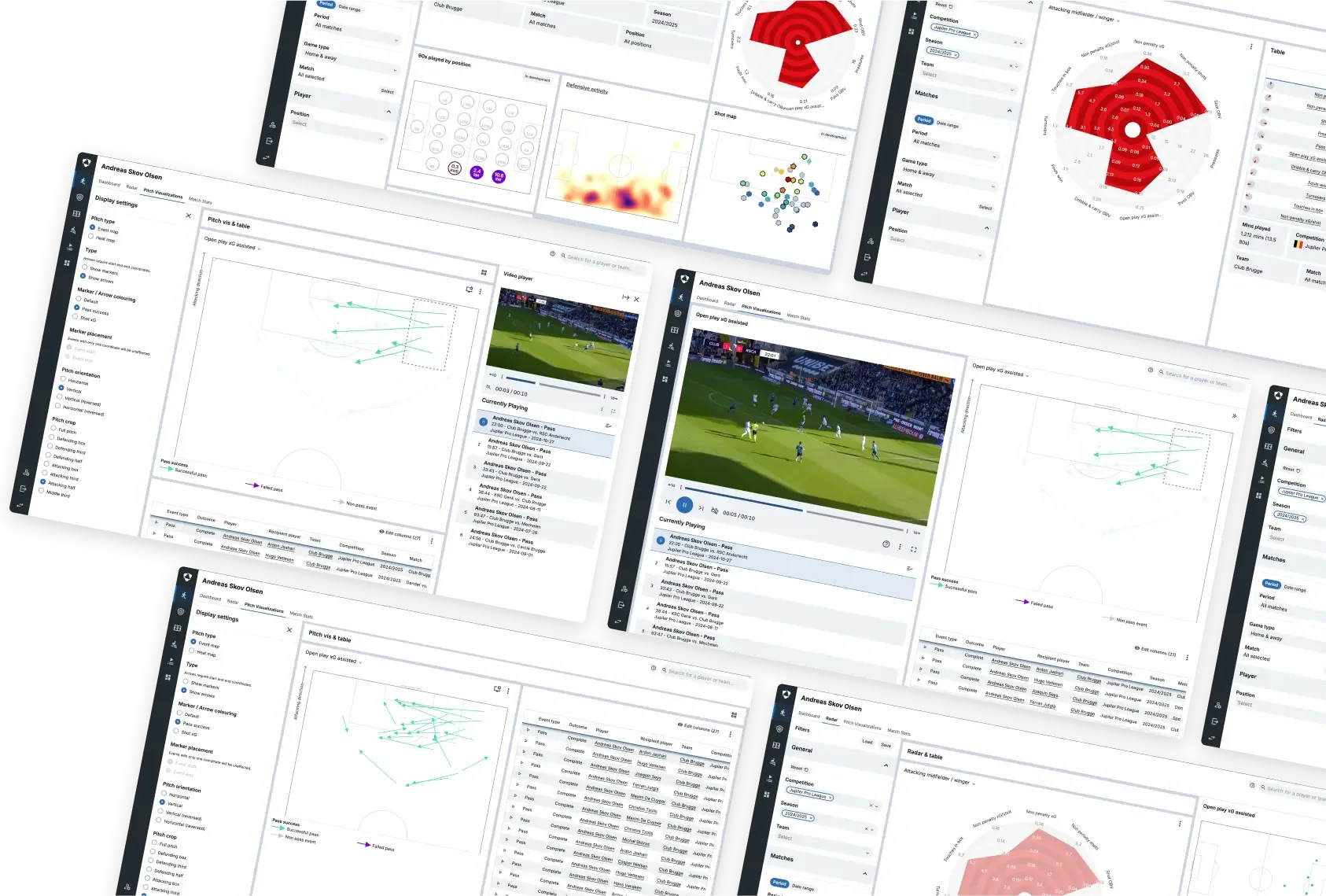 A dynamic collage of multiple digital screens displaying various sports analytics interfaces. The screens are arranged at different angles, creating a sense of depth. Each screen shows detailed data visualizations, including: a soccer field with player movements and passes (light blue lines), heatmaps indicating activity zones, radar charts with red segments, and grids of circular icons. Several screens also feature video players showing stills from soccer matches, accompanied by timelines and lists of events.
