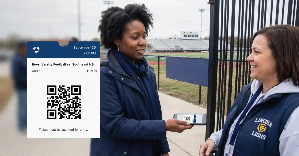 Photoillustration of a parent showing a digital ticket on their phone to a school volunteer working the gate at an outdoor sports field.