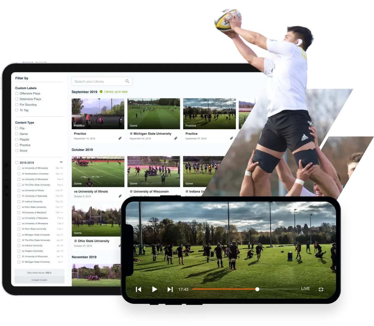 Hudl video library in a tablet paired with video review on a phone