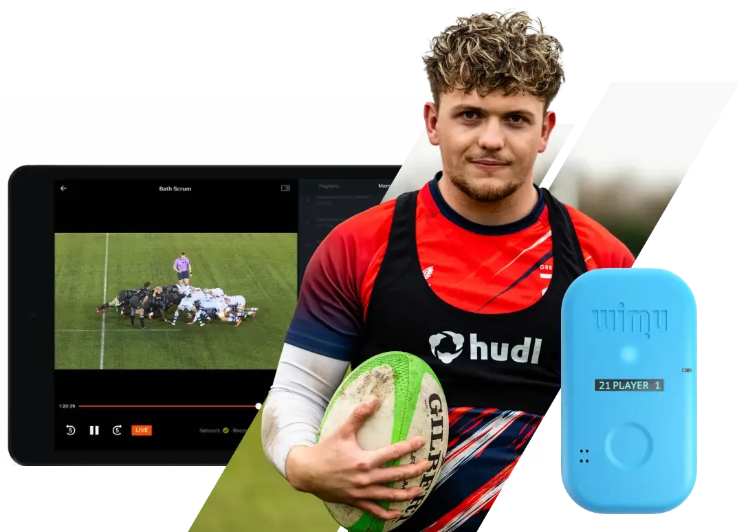 Rugby UI in the Hudl app and a WIMU wearable device