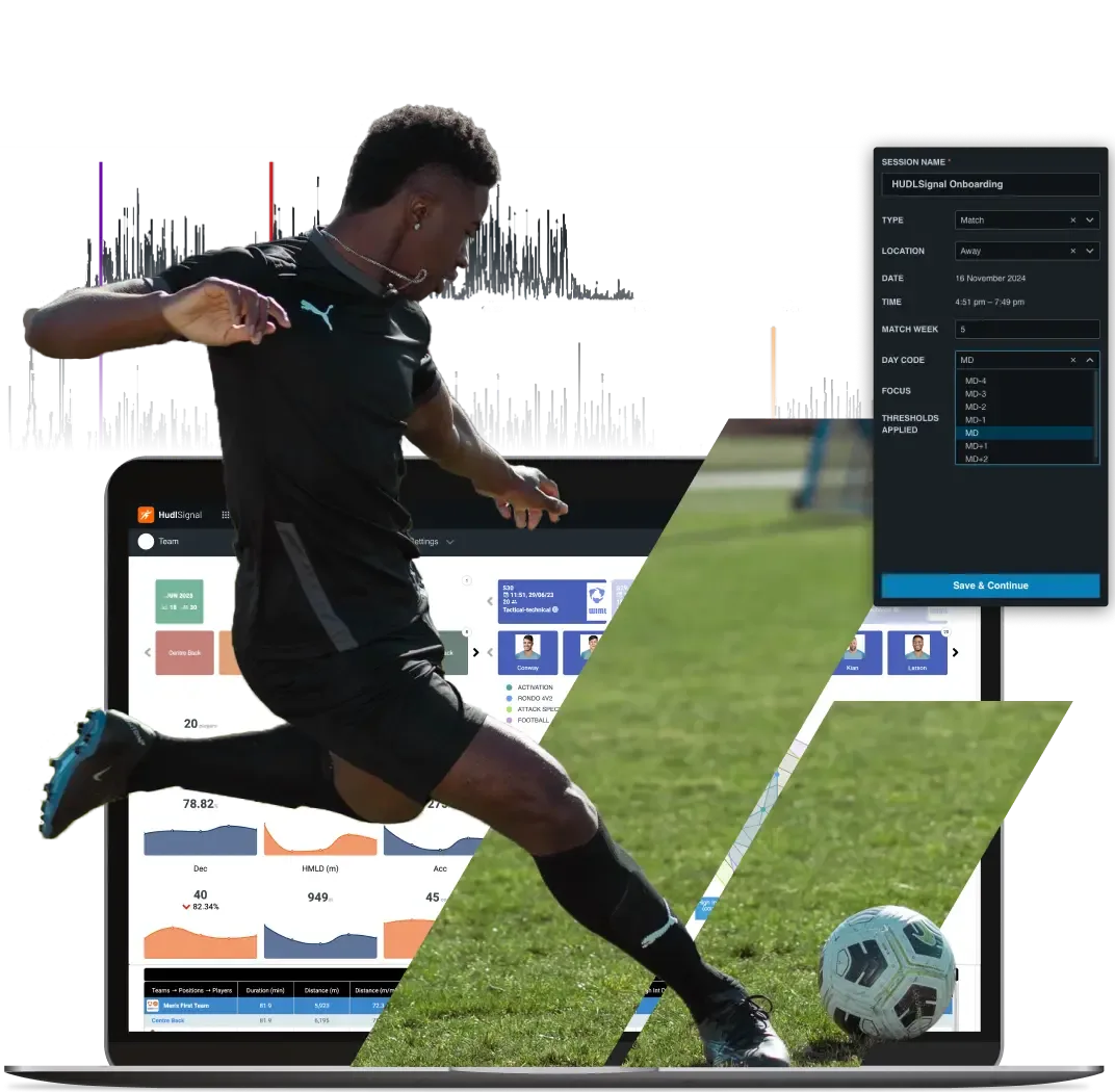 A male soccer player kicks a ball, with a laptop displaying Hudl athlete monitoring data and a player onboarding interface.