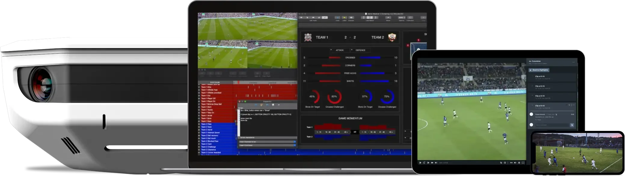 A white Hudl Focus camera, a laptop displaying Hudl soccer analysis software with game footage and data visualizations, a tablet, and a smartphone showing video clips.