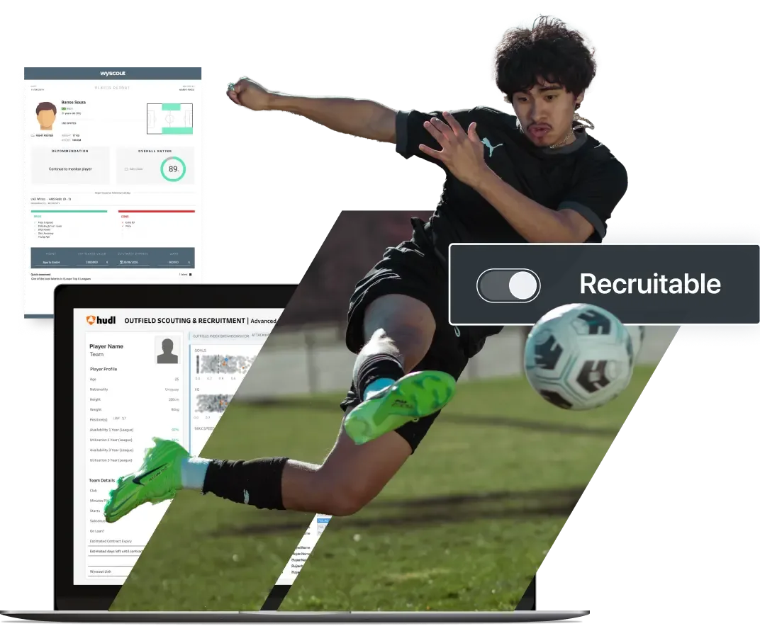 A male soccer player kicks a ball, with a laptop showing a player profile in the Hudl and Wyscout recruiting software, along with a "Recruitable" toggle button.