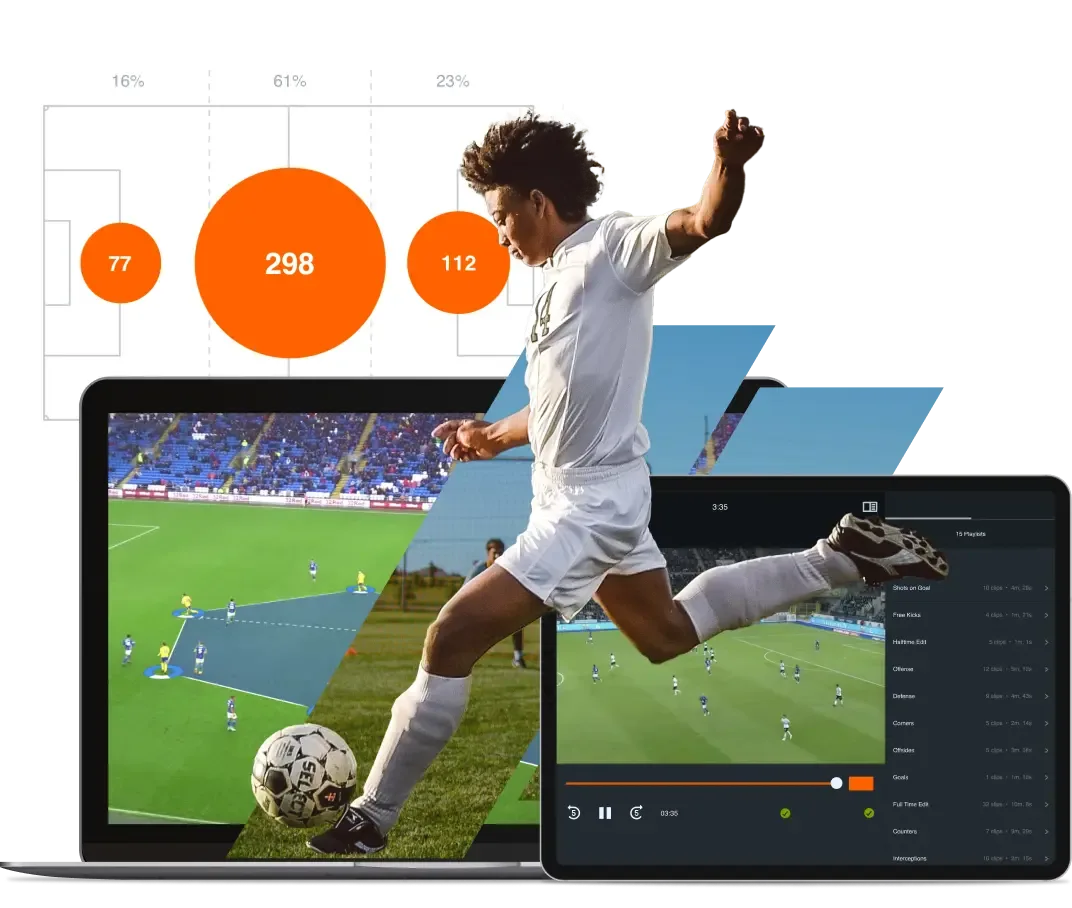 A male soccer player kicks a ball, with a laptop displaying tactical analysis of player zones and a tablet showing a video player with various game statistics.