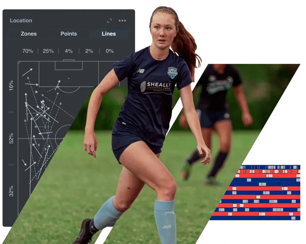 A female soccer player runs on the field, with an overlaid diagram showing player movements and a data timeline for player development.
