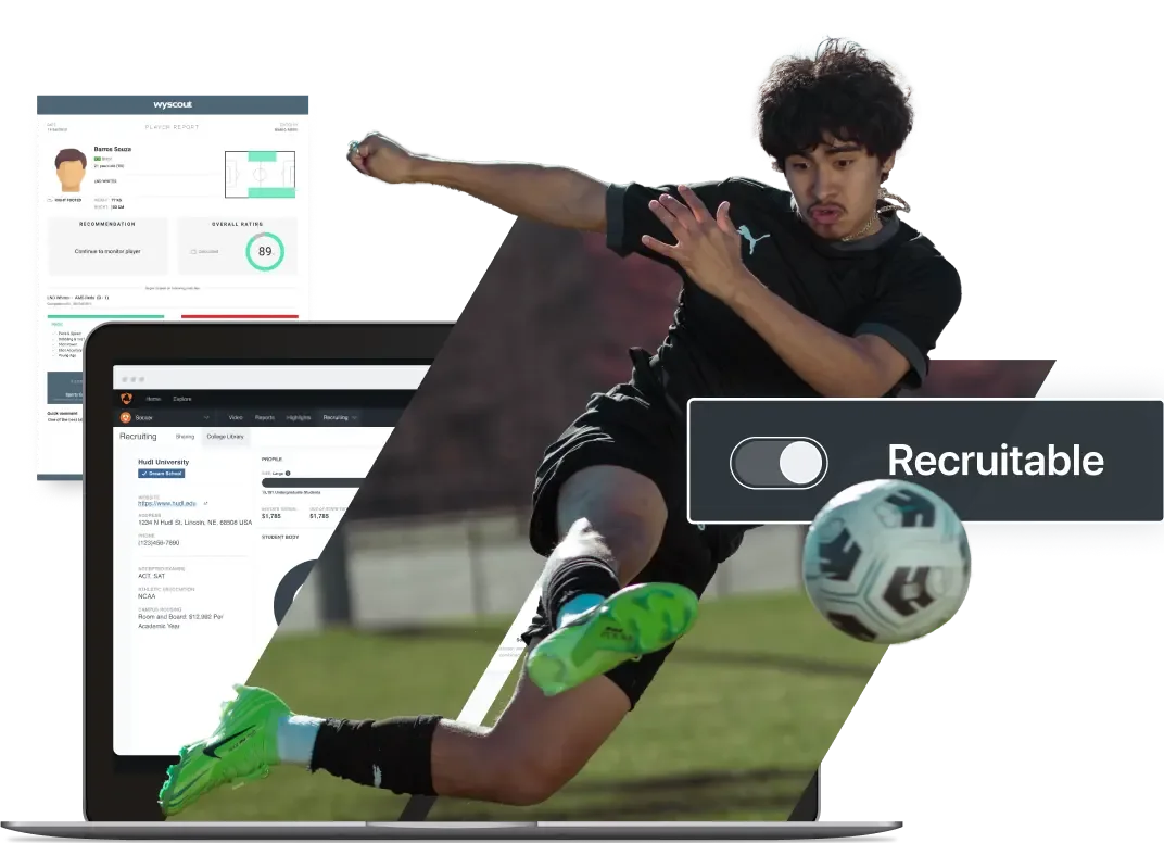 A male soccer player kicks a ball, with a laptop displaying a Hudl recruiting profile for a player and a "Recruitable" toggle button.
