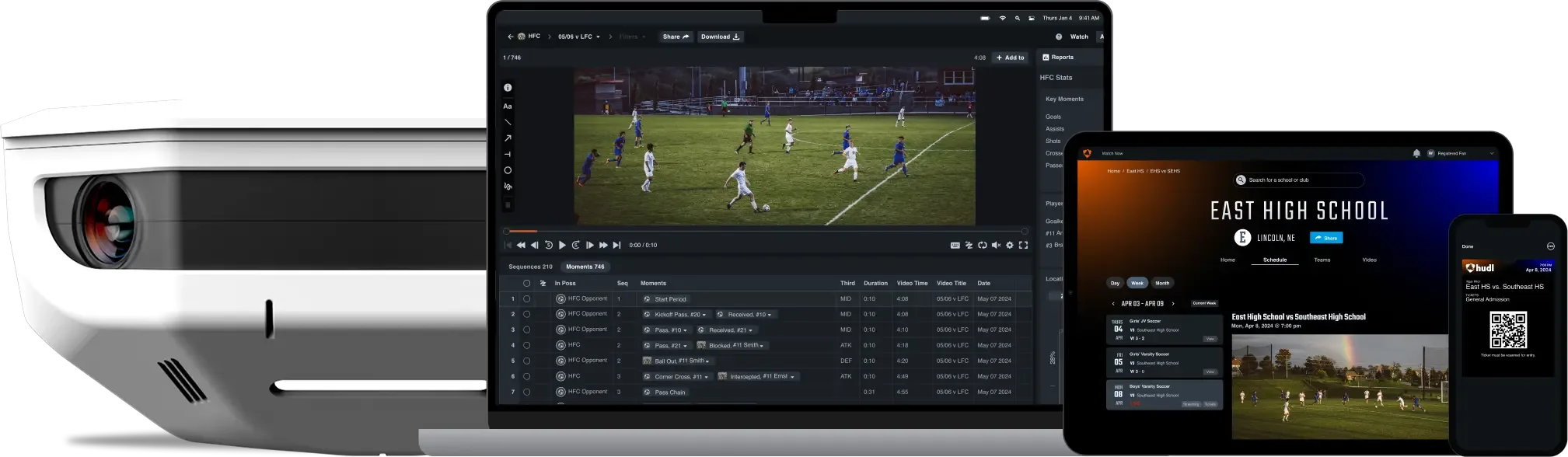 A white Hudl Focus camera, a laptop displaying Hudl soccer analysis software, a tablet with a team profile, and a smartphone with a game ticket.