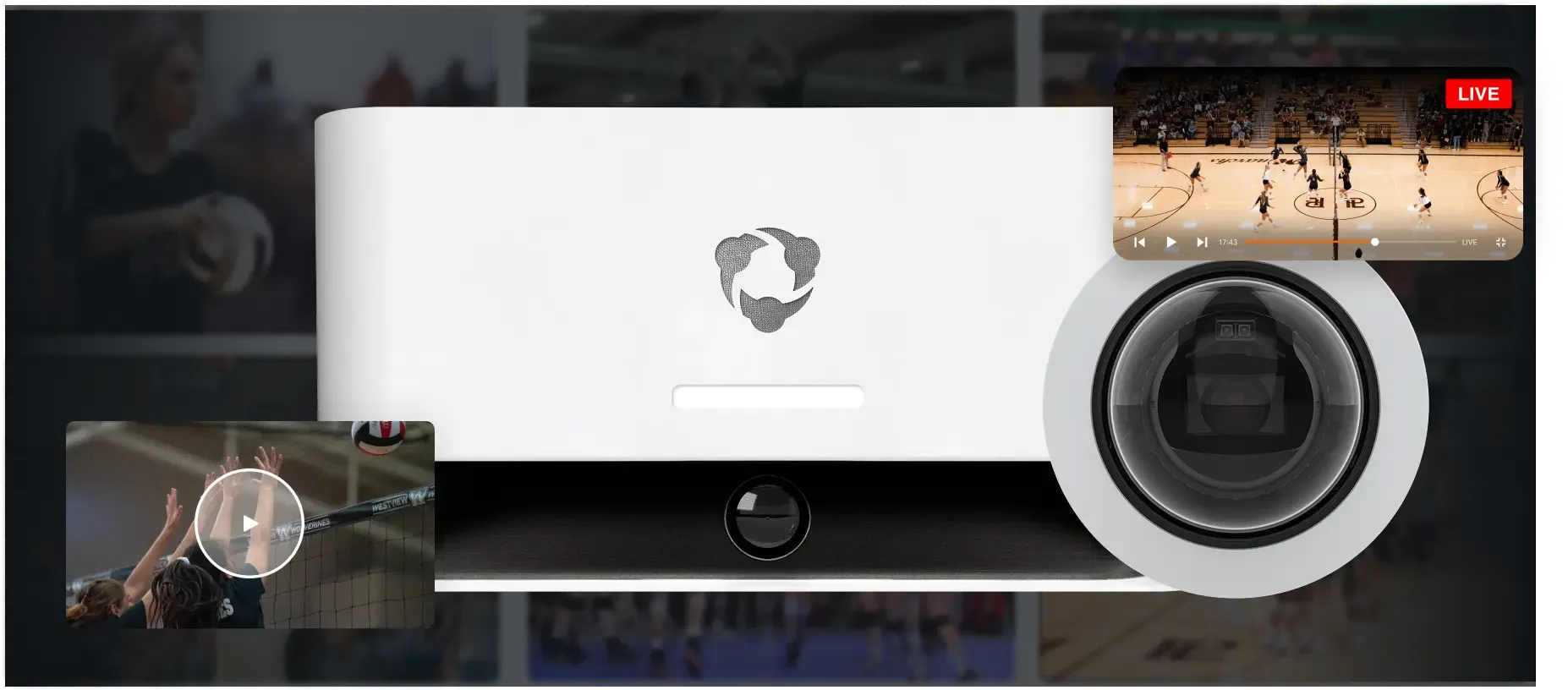 A white Hudl Focus camera, with video playback controls overlaid and a live stream of a volleyball game.