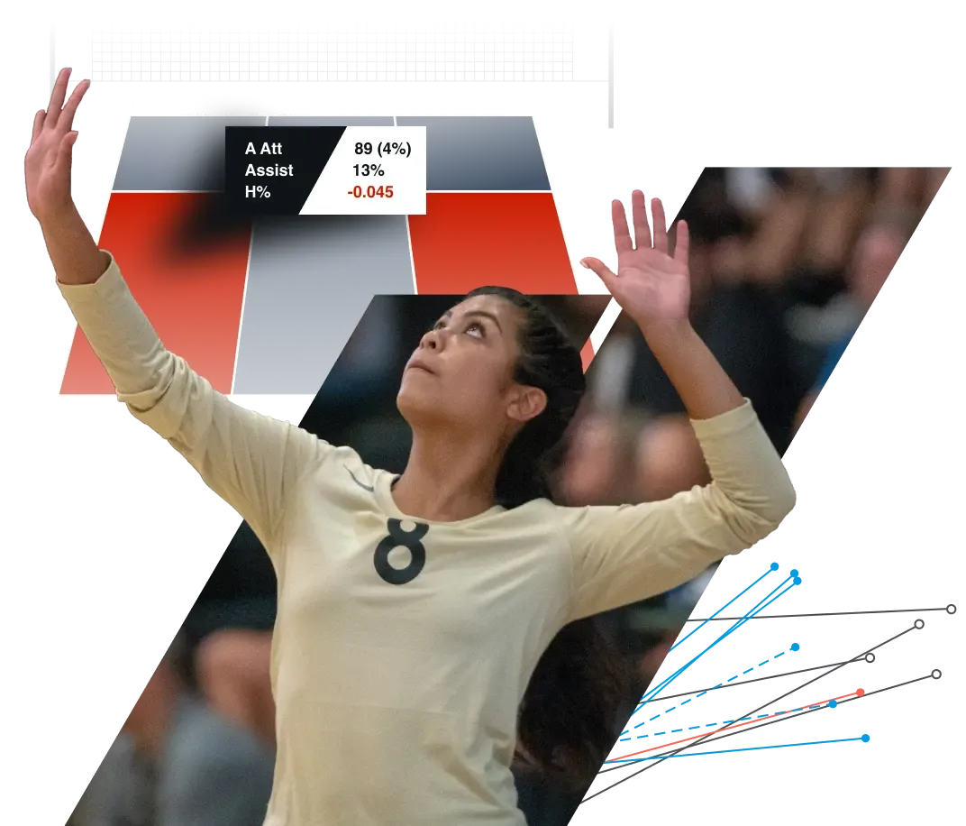 A female volleyball player serves the ball, with Hudl data graphs and statistics overlaid on the image, showing attack, assist, and hit percentages for player development.