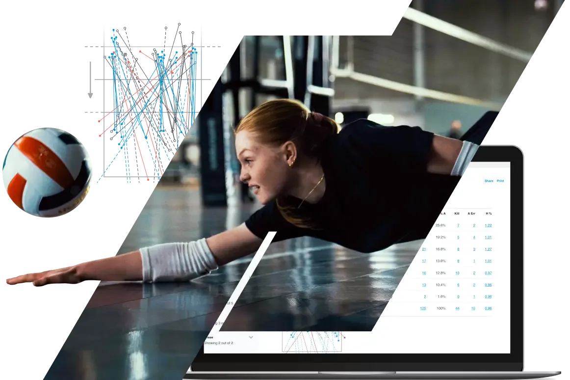 A female volleyball player dives on the court, with a laptop showing Hudl team strategy data overlaid, including attack tendencies and play statistics.
