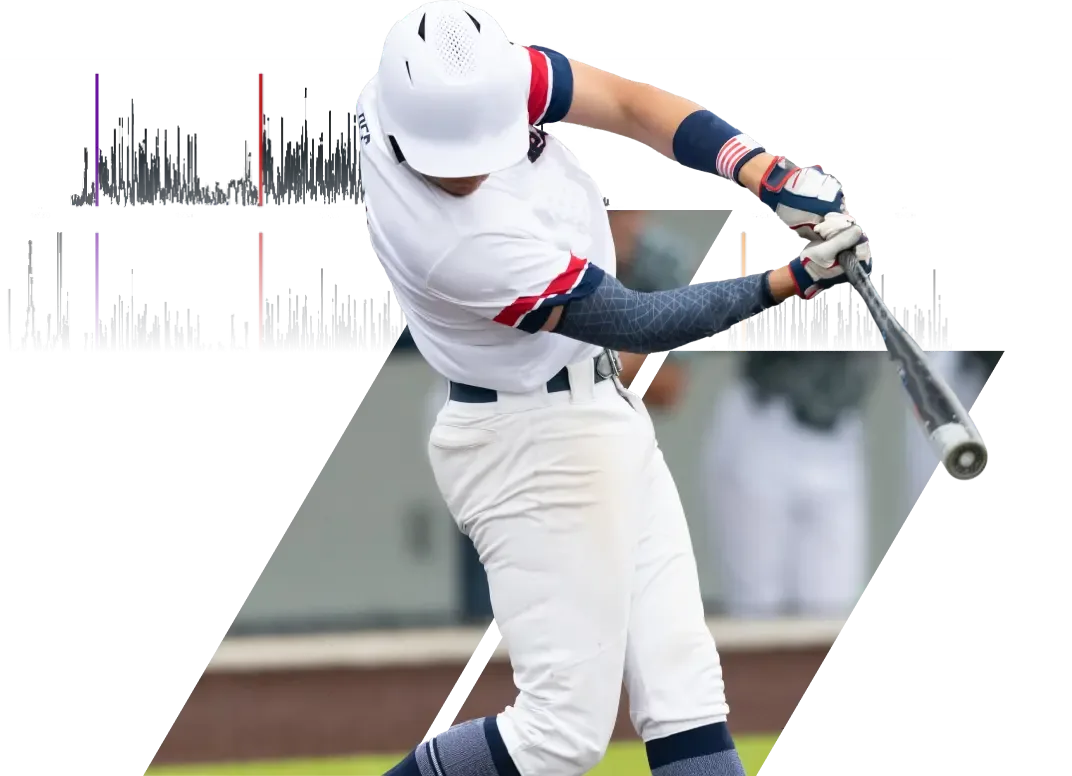A baseball player swings a bat, with an overlaid graph showing athlete monitoring data during the play.
