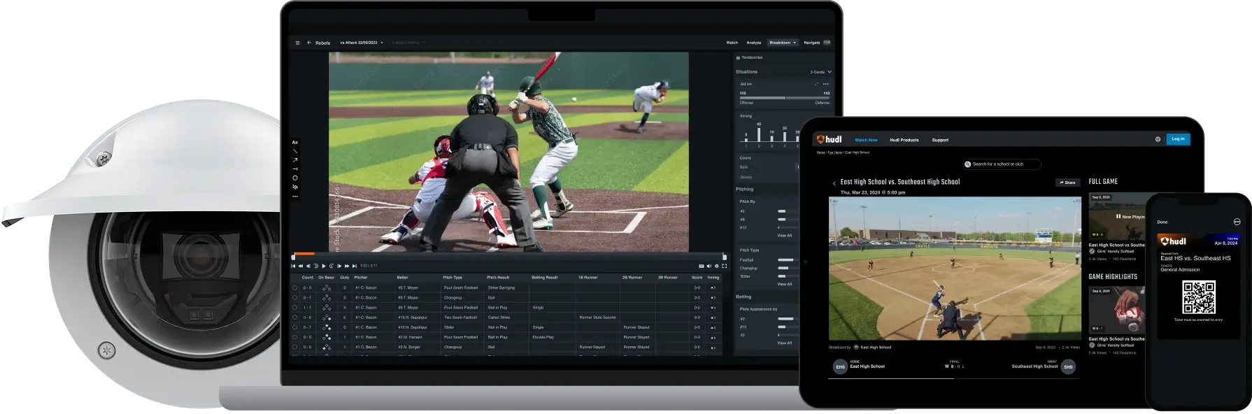 A Hudl Focus camera, a laptop displaying a baseball game with analysis tools, a tablet showing a team profile, and a smartphone with a game ticket.
