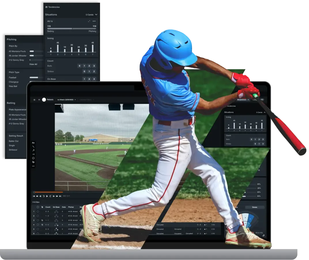 A baseball player in a red and blue uniform swings a bat, with a laptop showing Hudl analysis tools for pitching and batting.