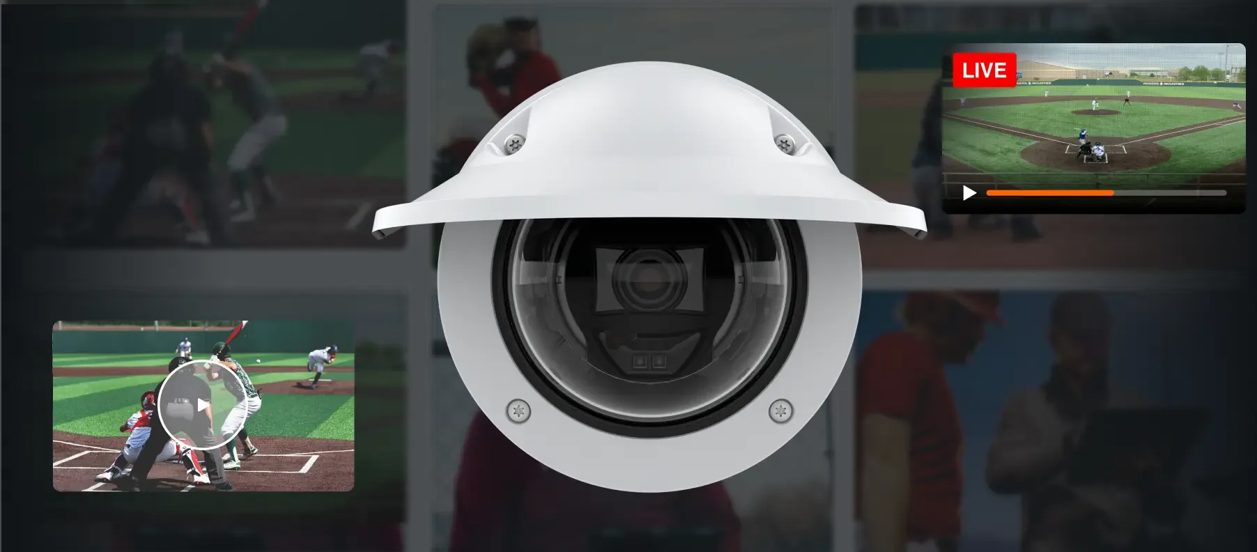 A white Hudl Focus camera system, with a live baseball game stream on the right and a recorded game video on the left.